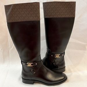 Michael Kors Brown Leather MK Logo Tall Rain Boots
